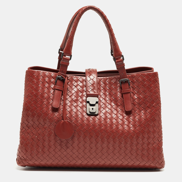 Bottega Veneta Handbags - BOTTEGA VENETA  Maroon Intrecciato Leather Medium Roma Tote
